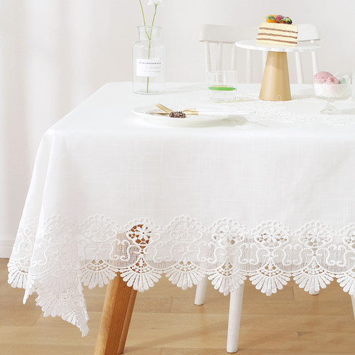 9918简约现代白色麻棉蕾丝百搭餐桌布艺方形小圆桌布电视柜茶几巾