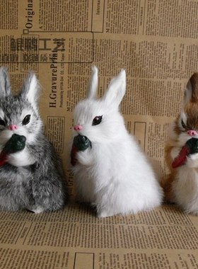 仿真小蹲兔玉兔 白兔家居创意摆件兔皮毛工艺品森林系萝卜兔