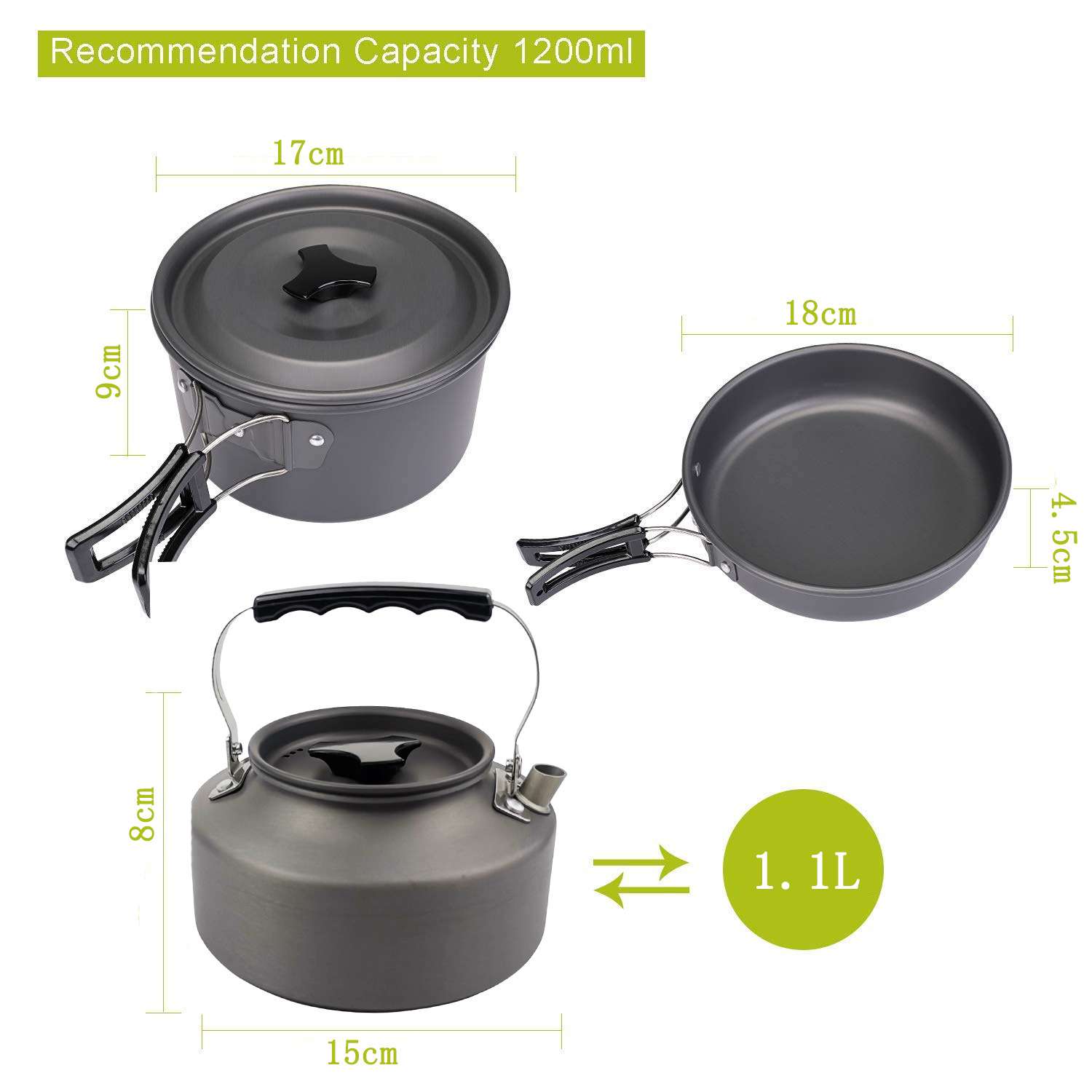 亚马逊热卖户外茶壶套锅组合折叠锅具 便携野营炊具套装升级1.1L