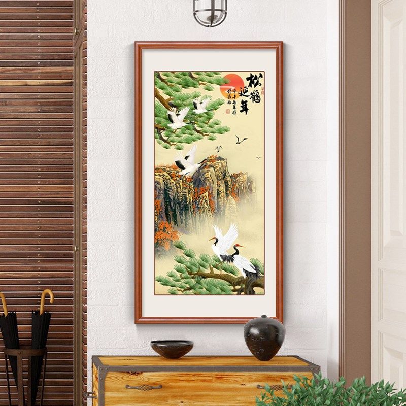 松鹤延年挂画中式玄国装饰木竖幅走廊过道壁画书房画实画有框关画