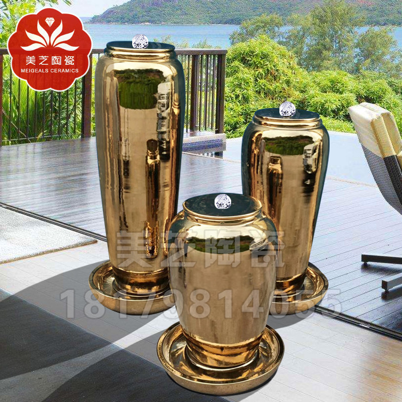欧式奢华冒水坛子摆件金循陶环色瓷流水大花瓶喷泉陶罐鱼缸储水器