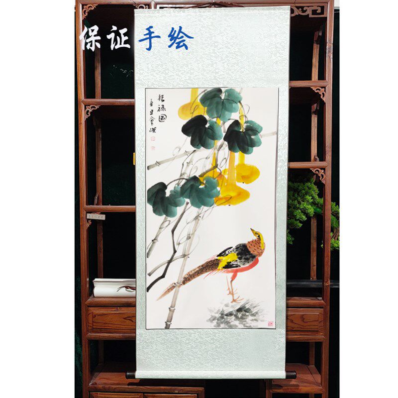 马荣手绘牡丹客厅玄关富贵花开真手画洛阳牡丹花国画装裱卷轴中式