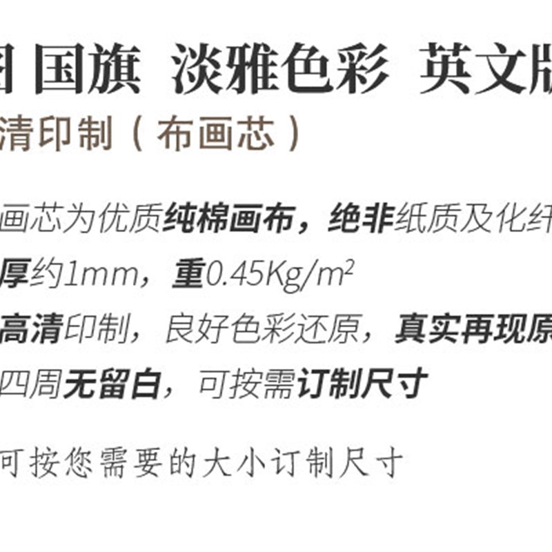画界地图国旗 淡雅色彩英文精品超大布世芯 饰庭学校办公室装家画