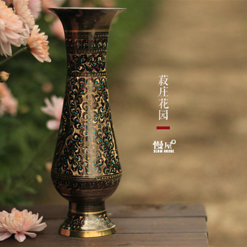 淑庄花园 巴基斯坦铜器 客厅摆件铜花瓶 干花花插玄关花艺文艺插