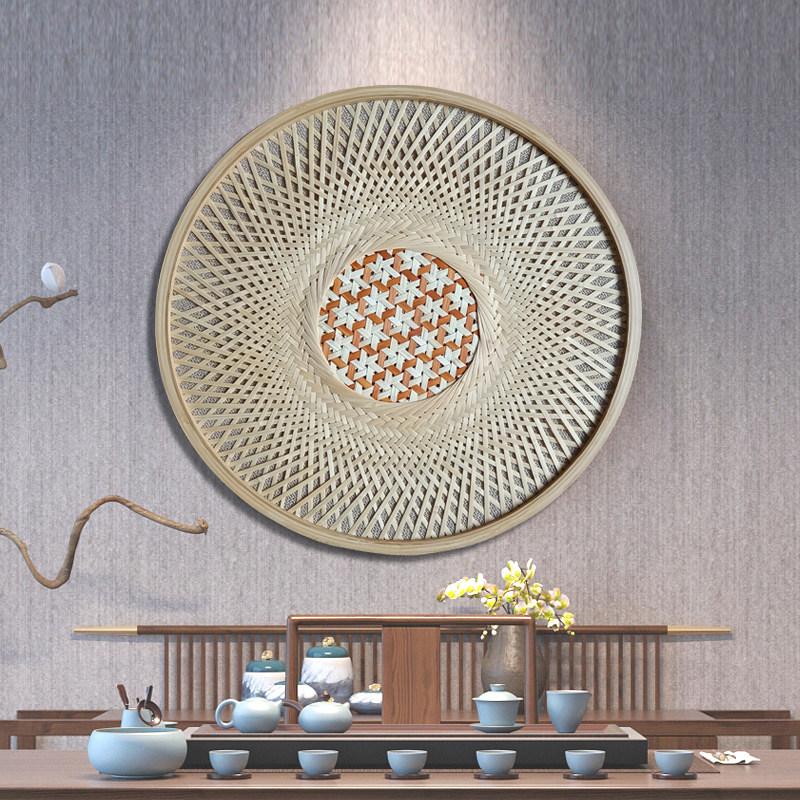 原木纯竹编实圆装饰画卧室茶楼墙壁画玄关物形饭厅挂画风手工画框