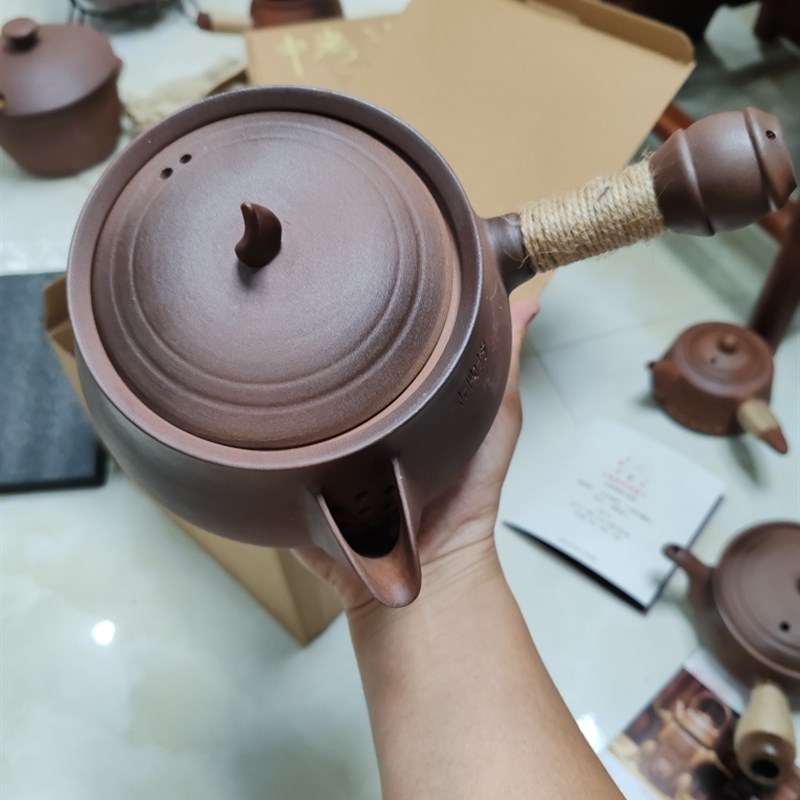 老岩泥煮茶养生洱水功壶侧把大容量白普烧黑花茶壶办公室陶夫茶具