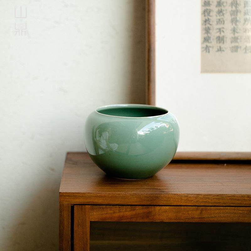 山鼎越窑青建水茶洗茶渣缸倒茶缸废水缸陶瓷杯洗中式家用茶道配件