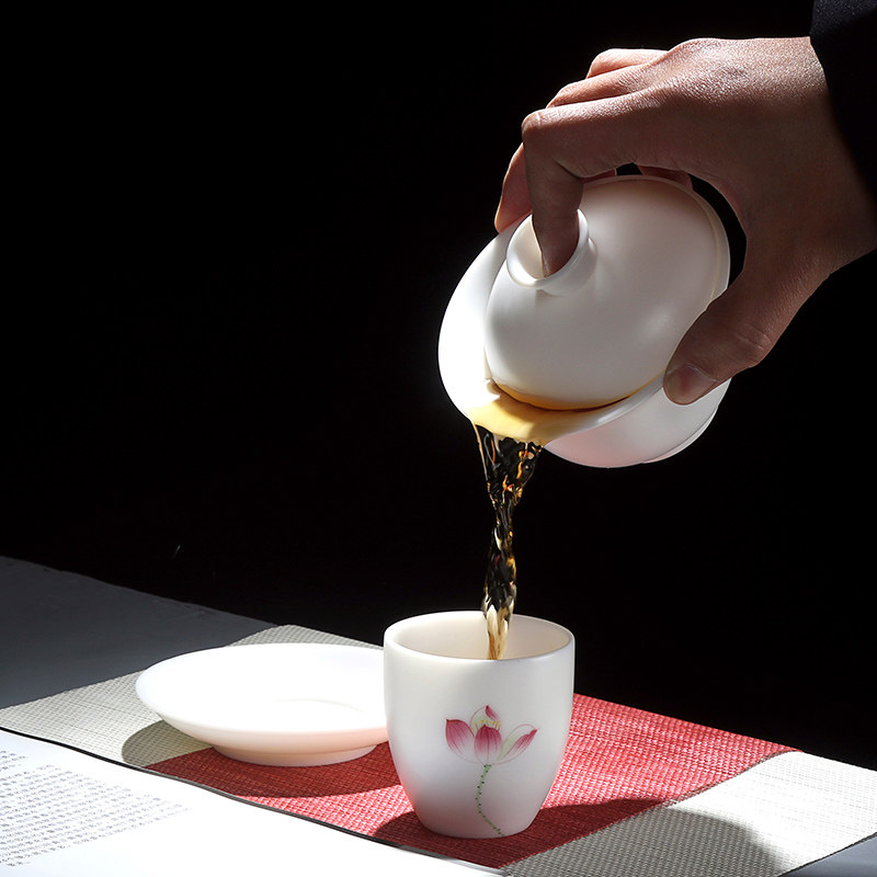 素烧猪油白 大号茶碗盖碗手工白瓷功夫茶具茶杯三才碗陶瓷180毫升