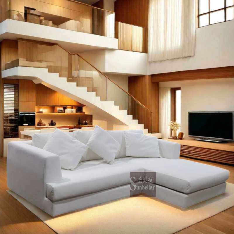 客厅转角组合L型双人位带贵妃纯白色绒布现代loft公寓小户型沙发
