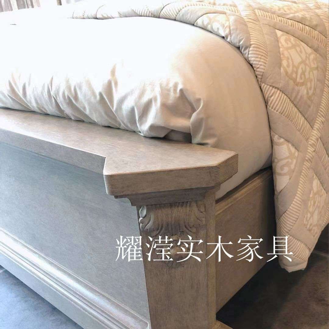 北美建筑复兴卧室实木复古拉扣婚床法式雕花做旧双人床家具