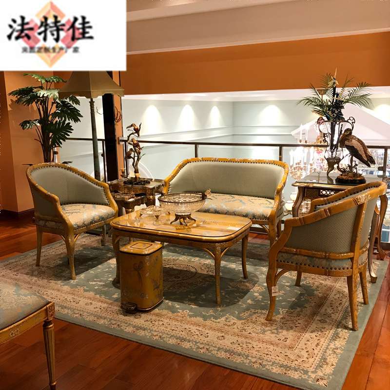 奢华法式新中式古典重工手绘黄色浅蓝色双人休闲沙发组合