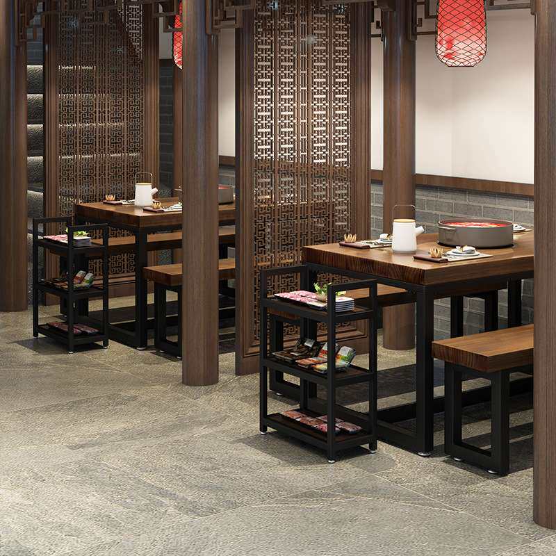 铁艺实木火锅桌电磁炉一体商用餐桌椅组合饭店火锅店两用原木桌子