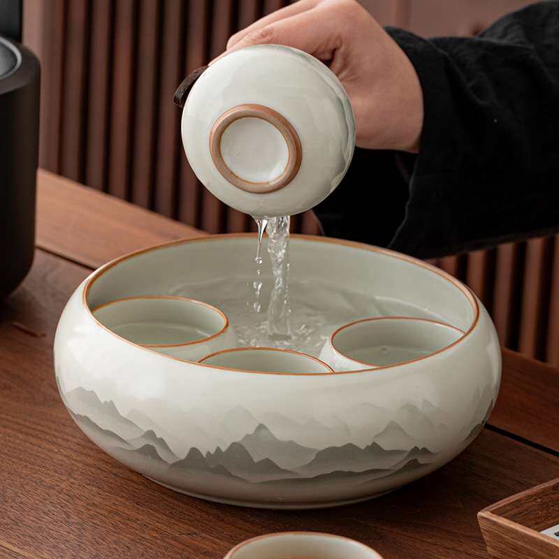 中式汝窑风水墨茶杯洗大容量陶瓷高端家用茶缸水洗水盂茶具茶渣缸