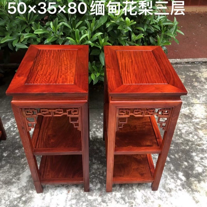 红木缅甸花梨花架实木客厅中式茶几多层抽屉落地花几四方盆景架子
