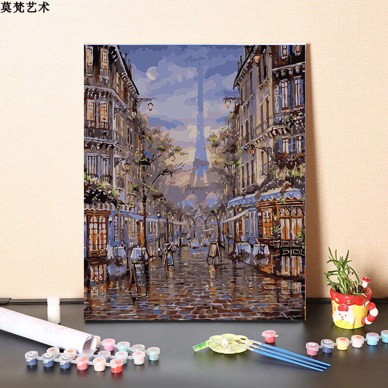 数字油画diy手工填充巴黎铁塔下街景风景画手绘涂色丙烯油彩画画