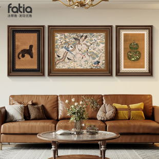 金钱豹寓意中古风客厅装 复古油画沙发背景墙挂画三联壁画 饰画法式
