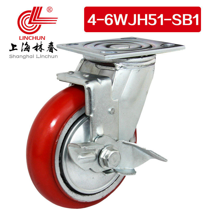 林春4系6寸重型圆弧铁芯PU边刹万向轮承载410KG脚轮4-6WJH51-SB1