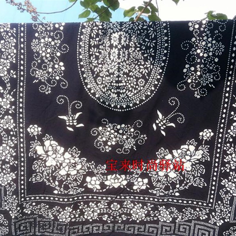全棉蜡染中式惮意老粗布140*200CM条桌布双面手工花卉台布民族风
