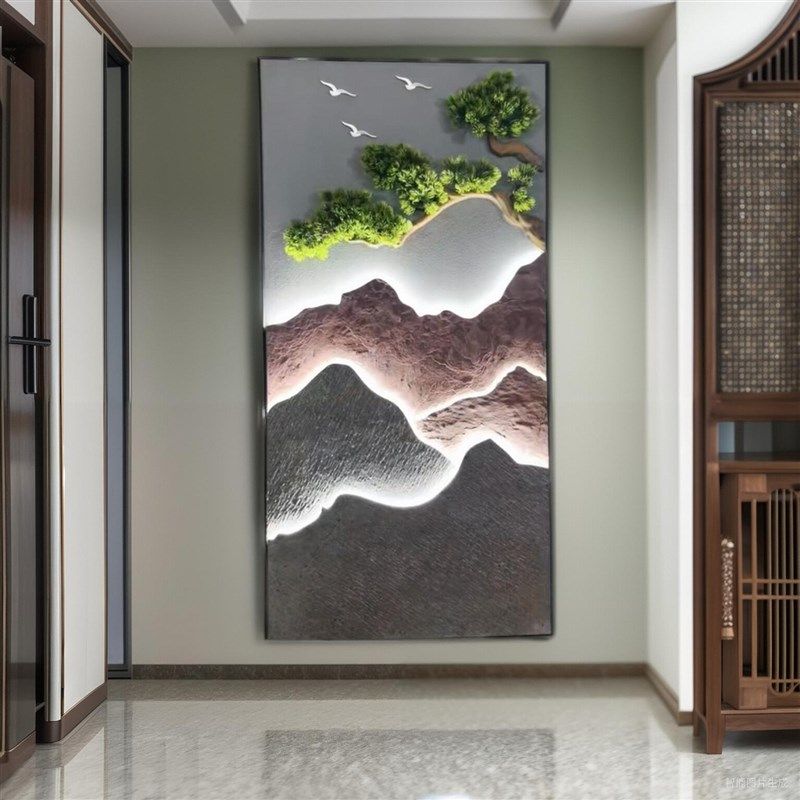 大气玄D装饰画壁灯入户门壁画迎客松走廊岩道挂画3关立体过板画
