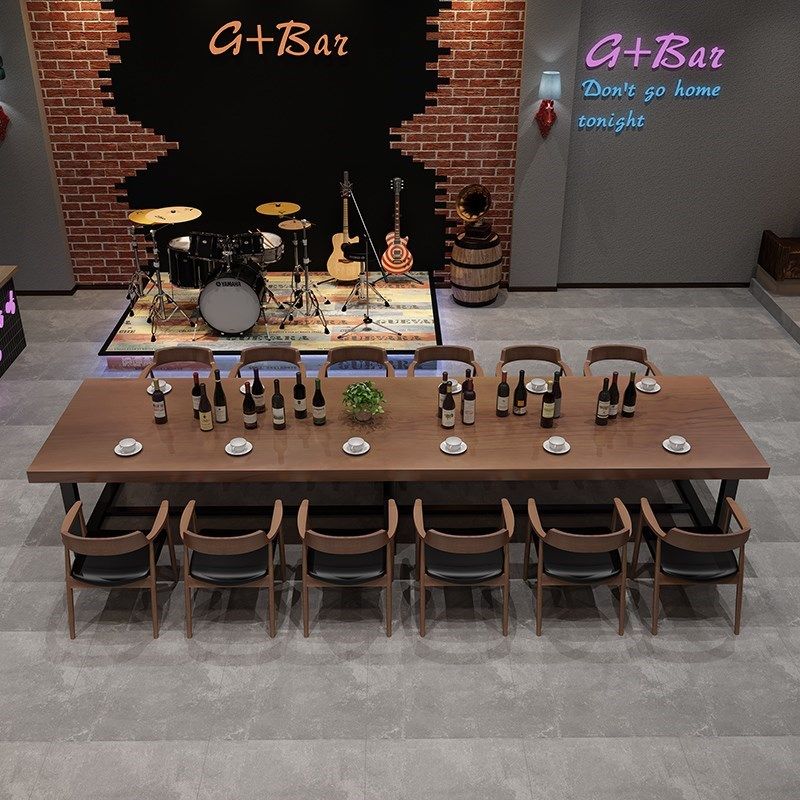 工业风长方形铁艺合木餐桌复古饭实木质桌椅组实酒吧厅木长条餐桌