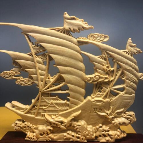 崖柏黄杨木雕一帆风顺实木摆件乘风破浪红木家居办公室装饰工艺品