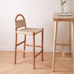 实木吧台椅家用餐厅岛台椅侘寂风酒吧民宿高脚靠背椅前台接待椅子