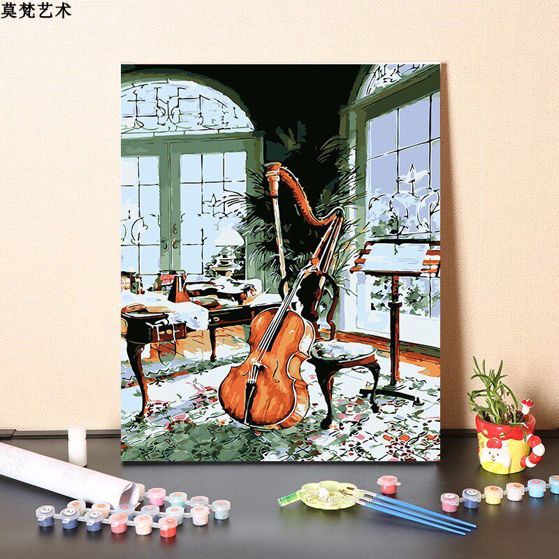 数字油画diy手工填充欧式复古大提琴装饰画手绘涂色丙烯油彩画画