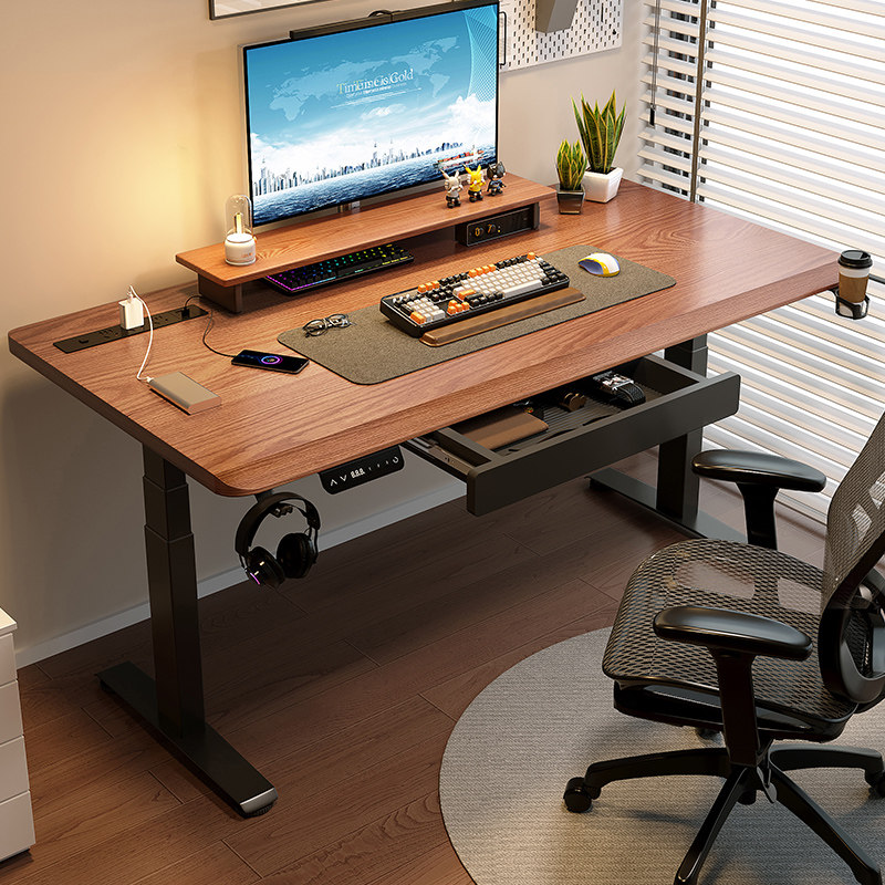 电动升降桌带抽屉实木书桌可升降家用学习电脑办公桌电竞桌工作台