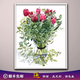 新款diy数字油画花卉减压小清新手工绘丙烯填色填充装饰油彩挂画