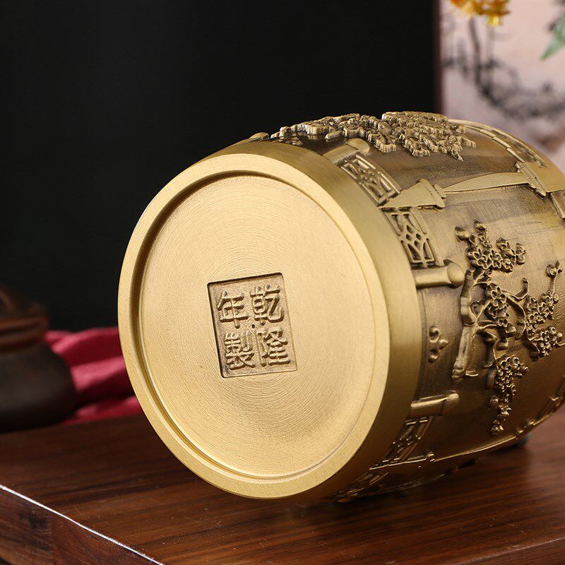 黄铜梅兰竹室笔筒饰艺品手工雕刻文房四宝装工用品办公菊摆件