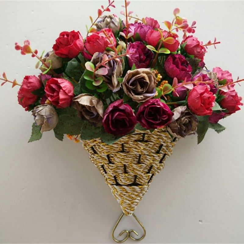 仿真壁挂花篮扇形铁艺花篮挂壁仿真玫瑰墙壁遮挡兰花绢花客厅装饰