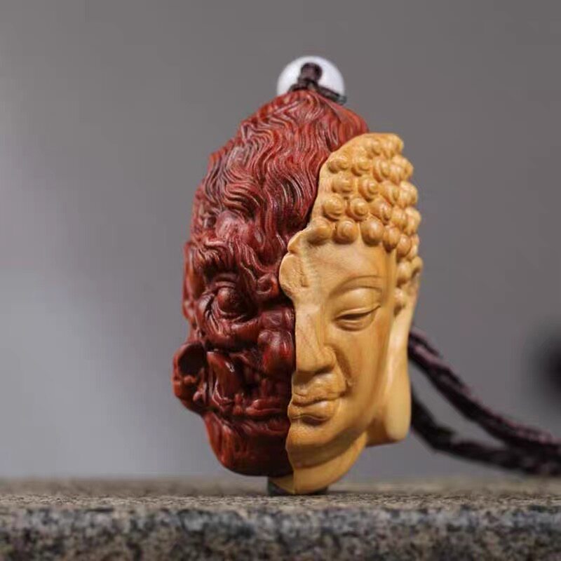 太行崖柏善恶佛魔一念之间吊坠佛头手把件工艺品小摆件文玩小挂件