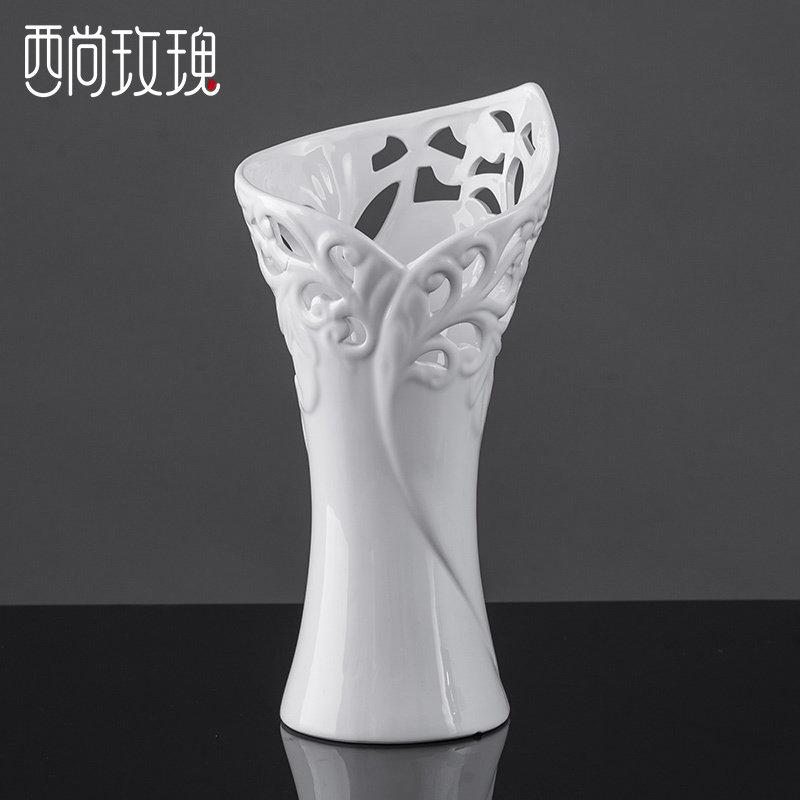 白色镂空插花器仿真假花艺套装饰品 瓷花瓶摆件创意个性客厅家用