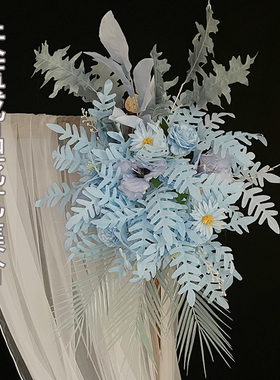婚庆绢花蓝色系路引点花地排花婚礼背景墙布置花排婚礼场景装饰花