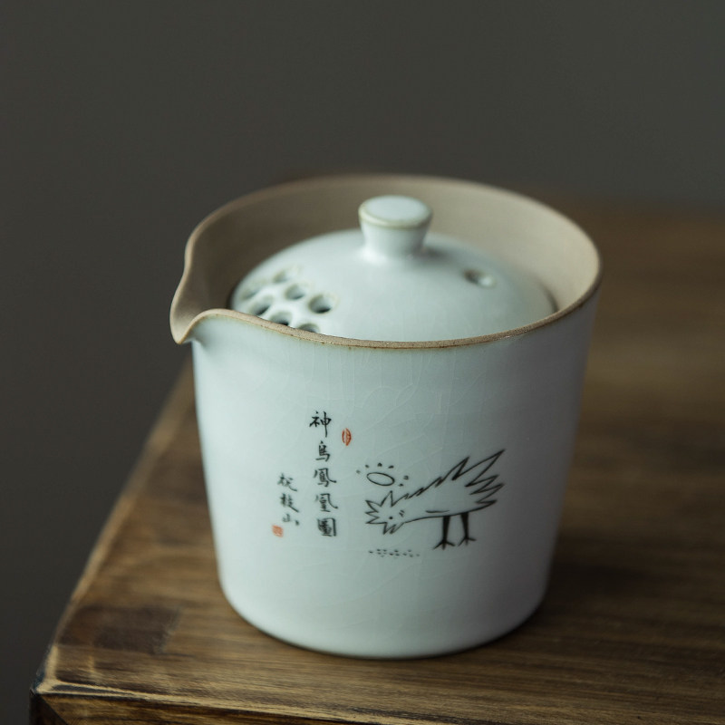 小鸡吃米图 全手绘 题字汝窑开片功夫茶具手抓壶趣味个性泡茶壶