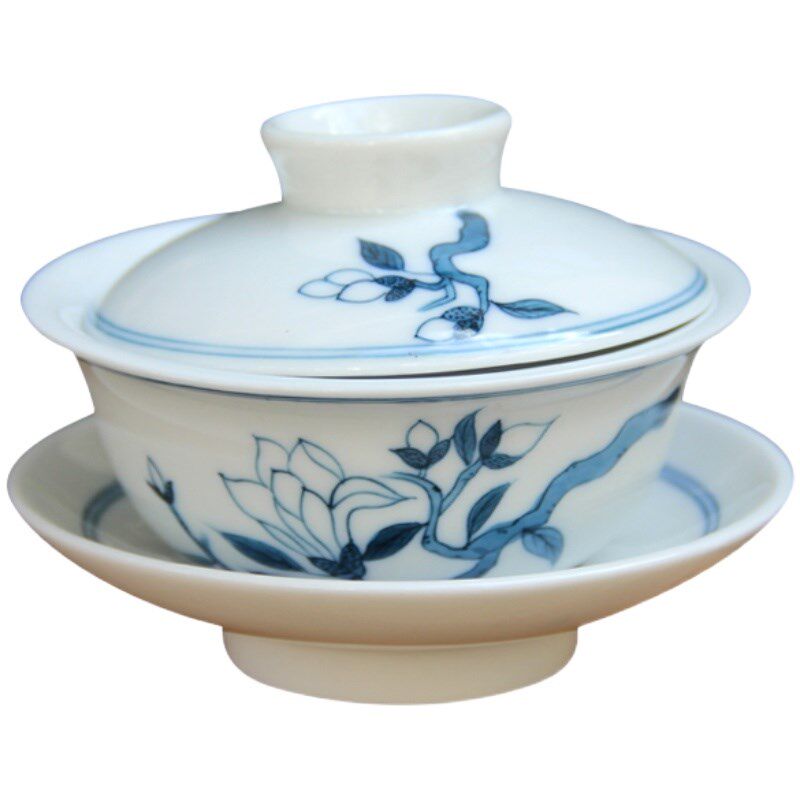 潮州老陶瓷80年代茶碗手绘釉下彩小号三才碗青花瓷家用盖碗茶水杯
