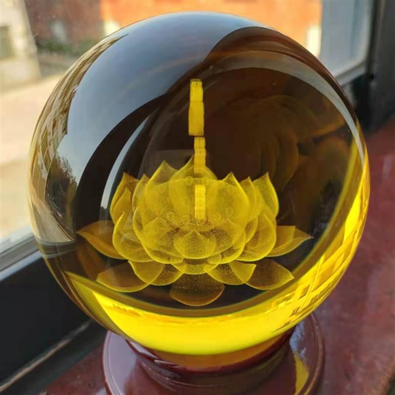 优惠价黄水晶球莲花阿弥陀佛内雕精品客奉复古风摆厅结缘装饰供件