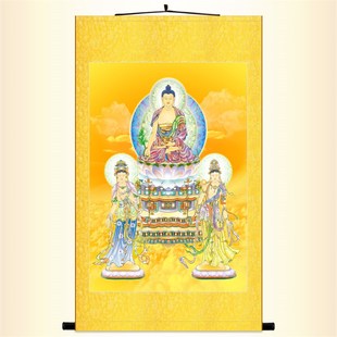 药师佛琉璃光如来画像挂画 东方三圣月光日光菩萨 佛堂水陆画卷轴