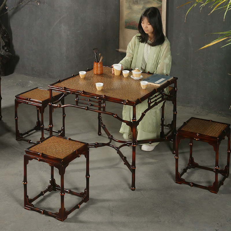 手工筇竹竹制家俱餐桌方形中式餐桌组合小方桌茶桌仿古八仙桌茶几