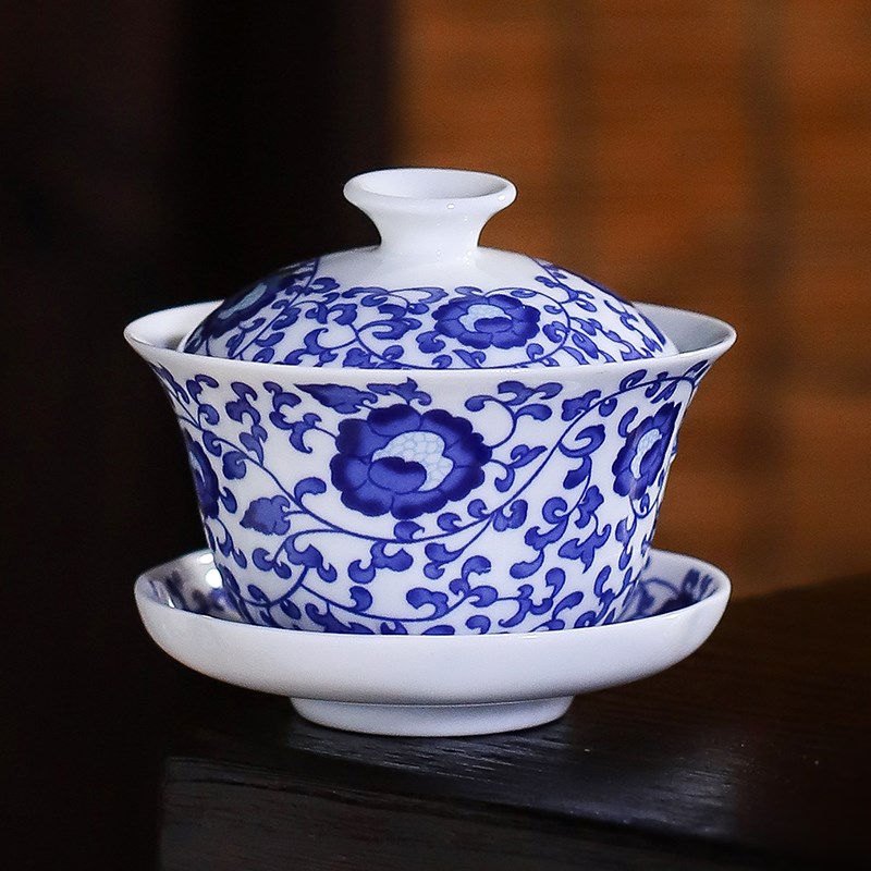 青花瓷盖碗三才碗陶瓷泡茶碗中式复古盖杯190ml沏茶功夫茶具家用