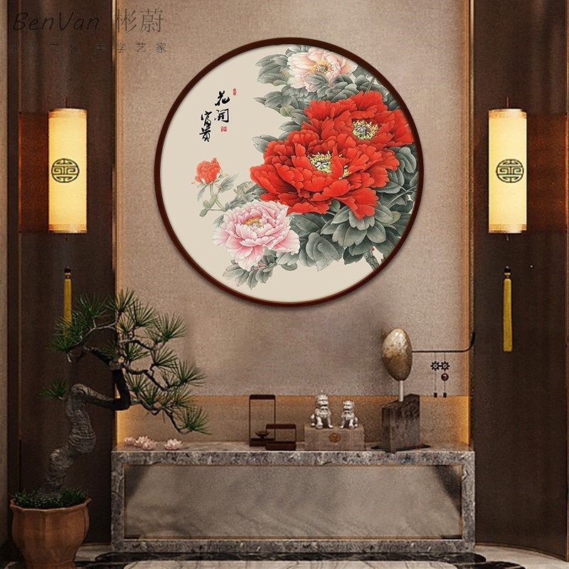 玄关隔断饭厅餐厅装饰画挂画中堂走廊进门尽头过道壁画牡丹花定做