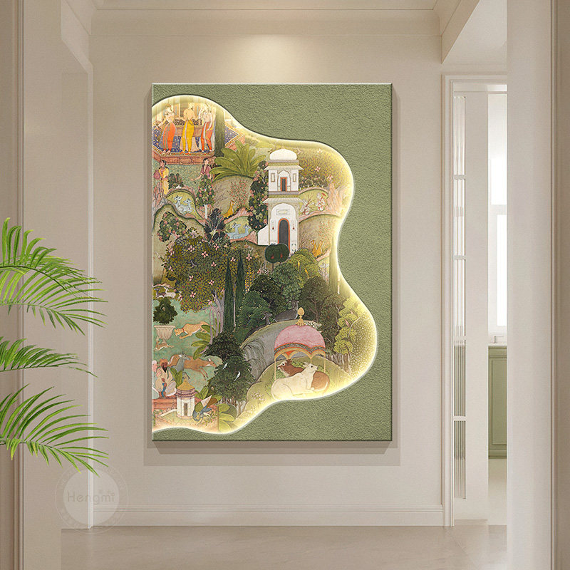 斋浦尔法式玄关装饰画中古风壁灯画客厅沙发背景墙挂画立体砂岩画