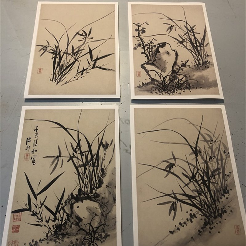 清诸升兰竹石图册页4桢微喷复制画原大高清仿古中式小品装饰画