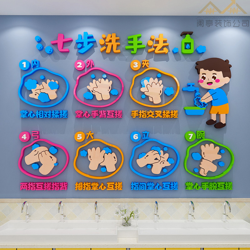 幼儿园学校卡通七步洗手法步骤流程图小学托管班卫生间早教墙贴纸,家居饰品,软装墙贴,淘宝优惠券,粉丝福利购,淘宝优惠卷