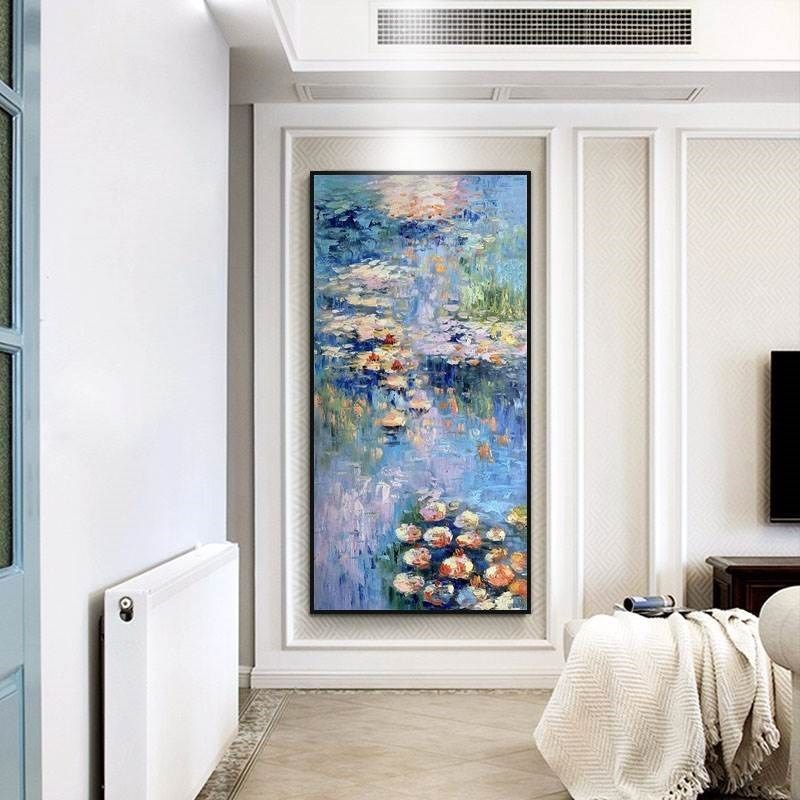 手绘油画欧式古典印象派荷塘玄关竖版装饰画过道走廊挂画风景壁画