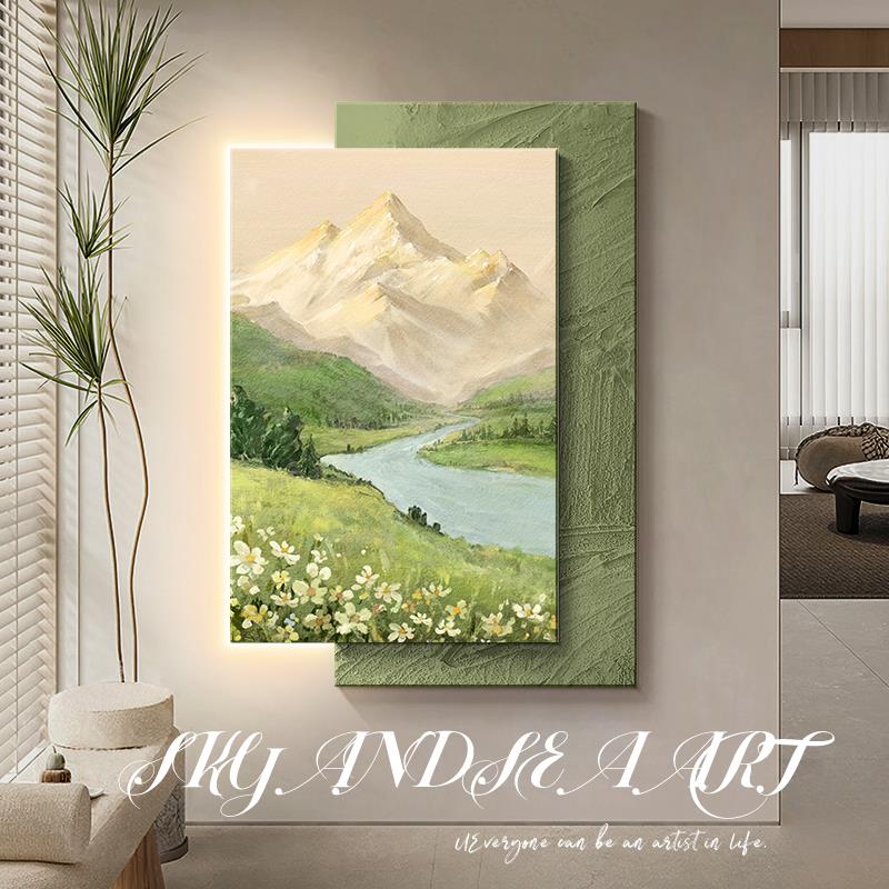 日照金山玄关装饰画风景山水画奶油风走廊尽头挂画立体砂岩玄关画