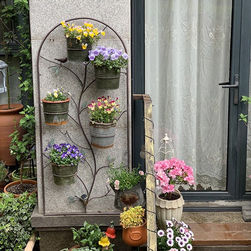 铁艺彩绘树窗拱枝鸟壁挂五盆桶 复古做旧墙面装饰墙上花连花架