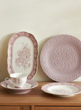 肆月紫色盘子陶瓷菜盘家用早餐盘西餐餐盘精致高级感深盘大号餐具