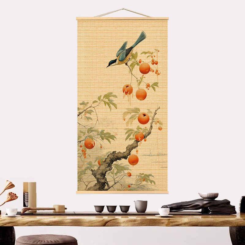 挂画竹帘茶席中式复古书法图中式挂帘书房装饰画茶室玄关喜事多多