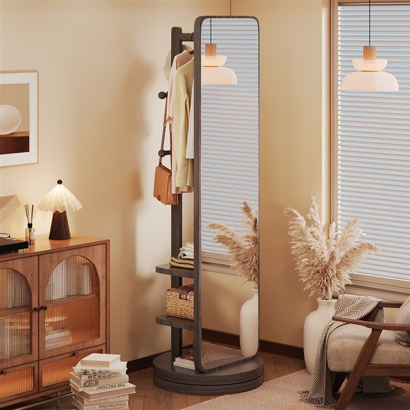旋转全身镜落地镜家用挂衣帽架一体置物可移动穿衣镜卧室试衣镜子